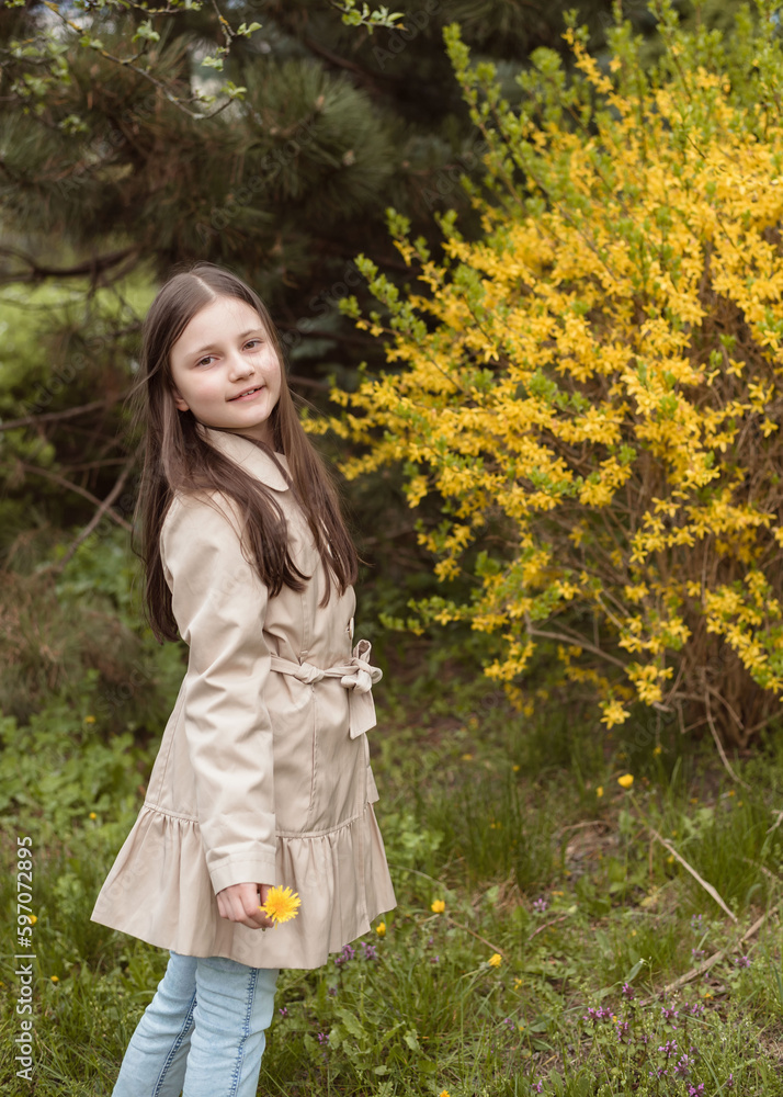Beautiful girl in a beige raincoat with a yellow dandelion in her hands in a blooming spring park. Girl 8 years old in spring on the background of dandelions, yellow bushes and grass. Spring concept Beautiful girl in a beige raincoat with a yellow dandelion in her hands in a blooming spring park. Girl 8 years old in spring on the background of dandelions, yellow bushes and grass. Spring concept