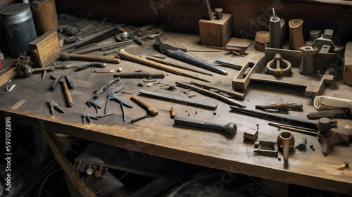 A set of tools and supplies laid out on a workbench in a one created with generative AI