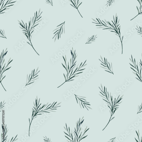 Watercolor rosemary seamless pattern. Winter print on mint background. Evergreen spruce, Hand drawn botanical illustration for fabric, wrapping paper