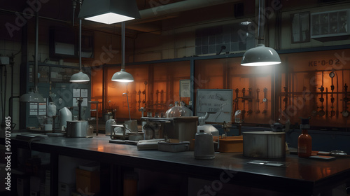 A shot of a university chemistry lab with a fume hood and created with generative AI