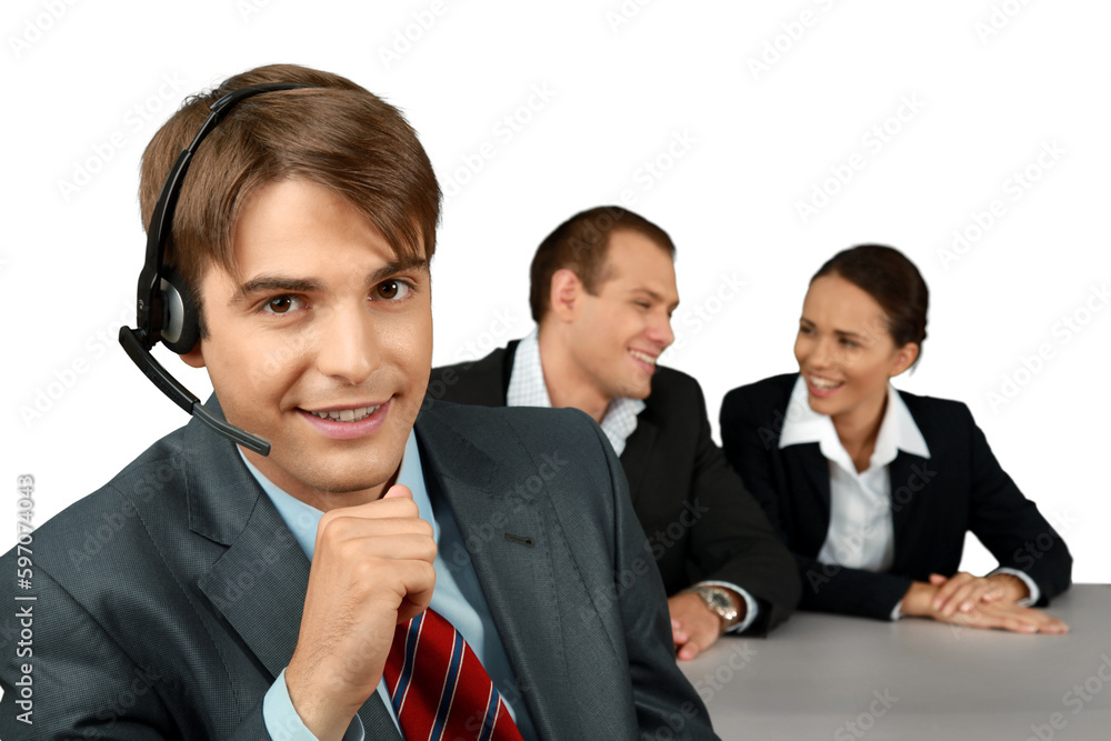 Businessman with Headset and Talking Collaborators in Backgrounds - Isolated Businessman with Headset and Talking Collaborators in Backgrounds - Isolated