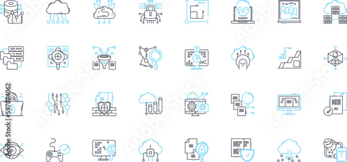 Huge information linear icons set. Insights, Analytics, Big data, Intelligence, Data mining, Volume, Variety line vector and concept signs. Velocity,Aggregation,Scalability outline Generative AI