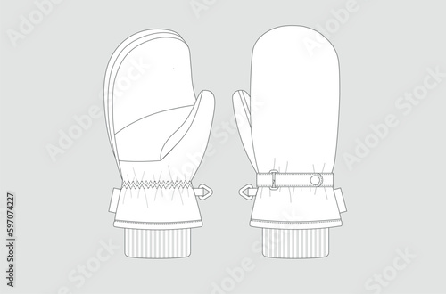 Accessory design, black and white flat sketch of winter ski or snowboard gloves. color technical drawing template of men's and women's mittens for winter