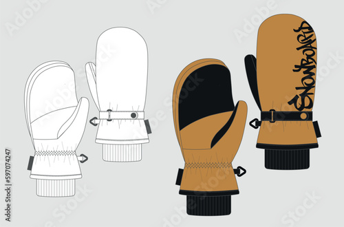 Accessory design, black and white flat sketch of winter ski or snowboard gloves. color technical drawing template of men's and women's mittens for winter
