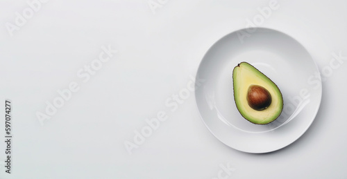 white plate with avocado on gray background. Created with Generative AI