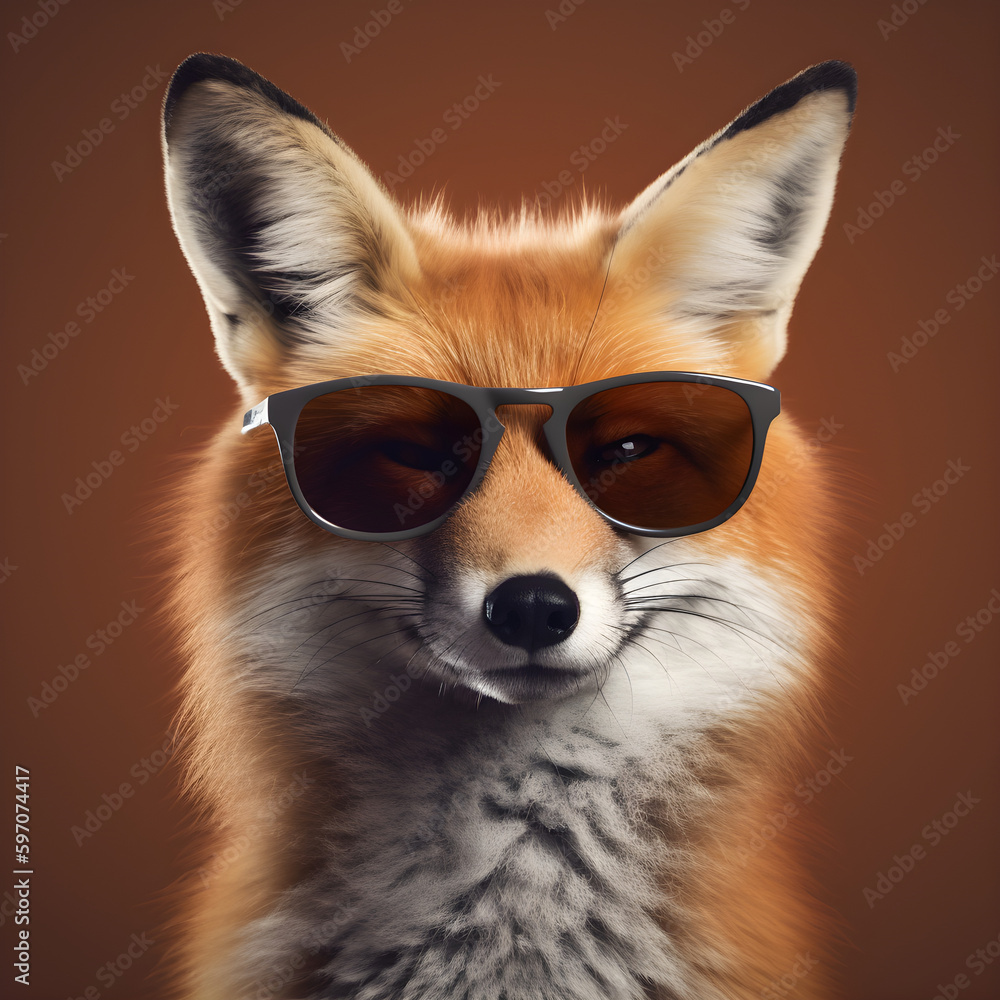 red fox wearing sunglasses portrait - Generative AI