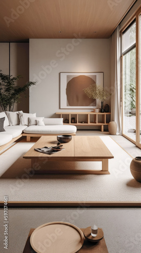 Living room for interior architecture with Japan style  Zen-like simplicity with clean lines and neutral colors  Minimalist and serene