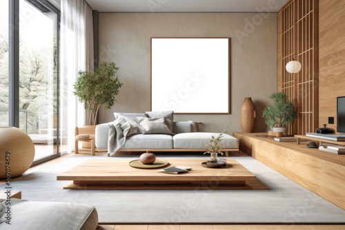 Living room for interior architecture with Japan style  Zen-like simplicity with clean lines and neutral colors  Minimalist and serene