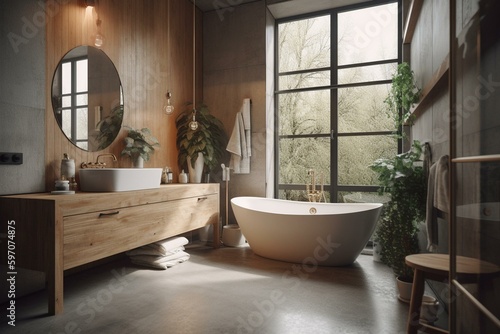 Contemporary bath featuring wood  concrete and tiled finish. Generative AI