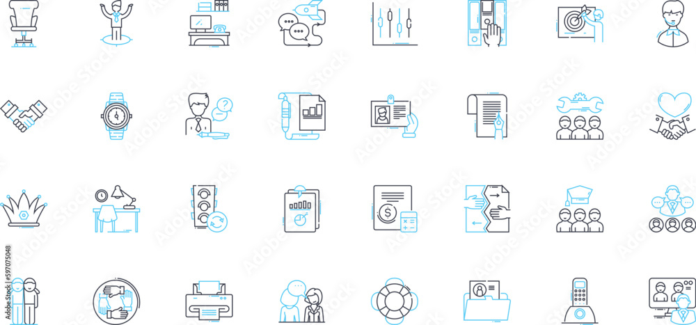 Desk job linear icons set. Sedentary, Monotonous, Productivity, Ergonomics, Stressful, Concentration, Cluttered line vector and concept signs. Organization,Routine,Deadline outline Generative AI Desk job linear icons set. Sedentary, Monotonous, Productivity, Ergonomics, Stressful, Concentration, Cluttered line vector and concept signs. Organization,Routine,Deadline outline Generative AI