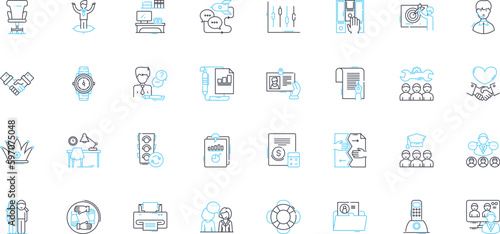 Desk job linear icons set. Sedentary, Monotonous, Productivity, Ergonomics, Stressful, Concentration, Cluttered line vector and concept signs. Organization,Routine,Deadline outline Generative AI