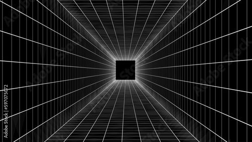Wireframe room on the black background. Vector perspective grid. Box with digital space.