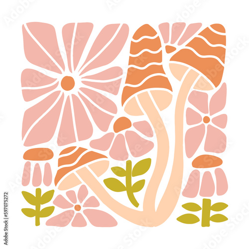 Groovy square card, or banner with boho psychedelic trendy print with liquid flowers, mushrooms. 60s 70s Vintage style Flat Hand drawn flat vector illustration.