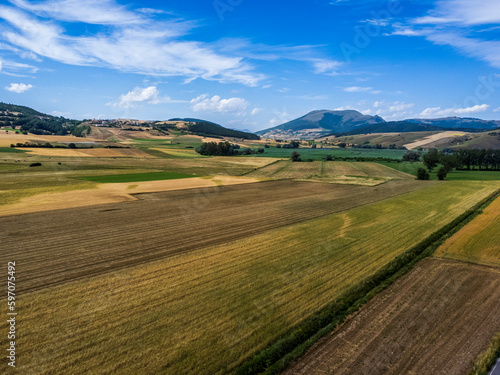 Colfiorito, Umbria. Fields and crops. Play of colors seen from above.