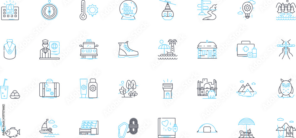 Tourism linear icons set. Adventure, Scenic, Relaxation, Culture, Heritage, Hospitality, Wanderlust line vector and concept signs. Attractions,Foodie,Exploration outline illustrations Generative AI