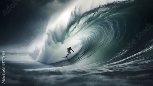 A surfer riding a massive wave in the ocean dynamic light one created with generative AI