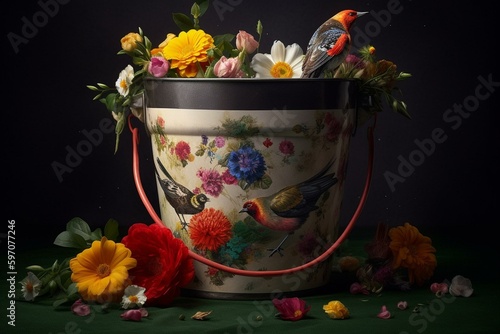 Flower-painted pail with fowls and ovoids. Generative AI photo