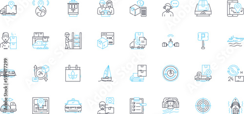 Cargo Shipping linear icons set. Containerization, Intermodal, Freight, Shipment, Logistics, Transportation, Cranes line vector and concept signs. Pallets,Vessels,Delivery outline Generative AI