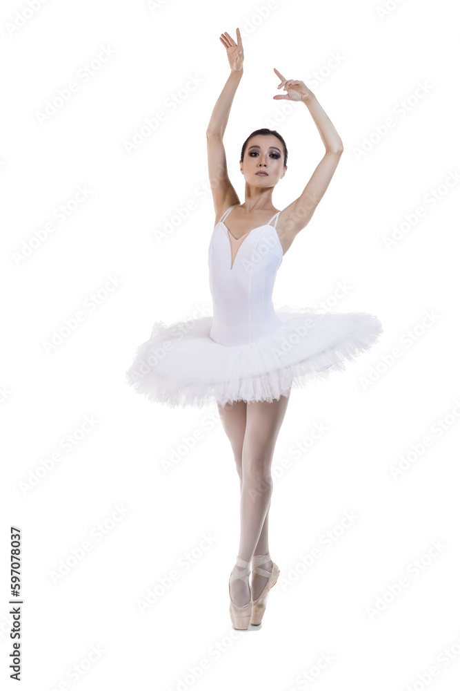 Professional Japanese Female Ballet Dancer Posing in White Tutu With Lifted Hands Against White Professional Japanese Female Ballet Dancer Posing in White Tutu With Lifted Hands Against White