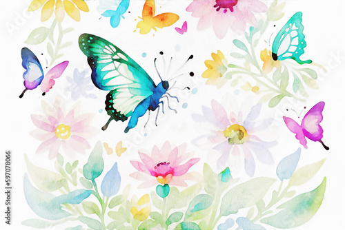 Various watercolor flowers  butterflies  roses  peonies