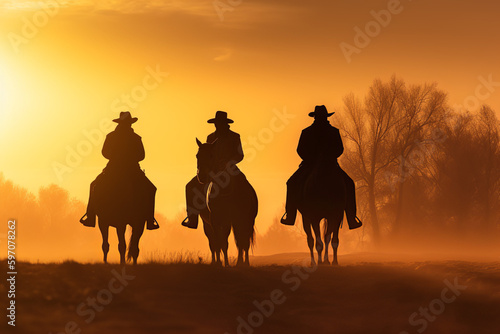 Three Horses Riders In Sunset Golden Background. Generative Ai