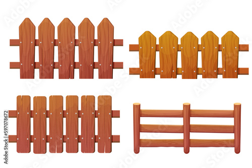 Wooden fencing on farm, ranch, garden isolated country timber fence in cartoon style isolated on white background. Hardwood slats, farming picket. Rural home protection, barrier of timber panels