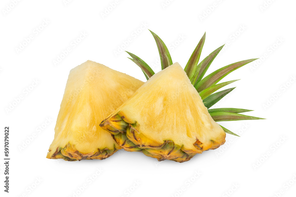 whole pineapple and pineapple slice. Pineapple with leaves isolated on transparent background with clipping path, single whole pineapple and pineapple slice. with clipping path and alpha channel. - obrazy, fototapety, plakaty 