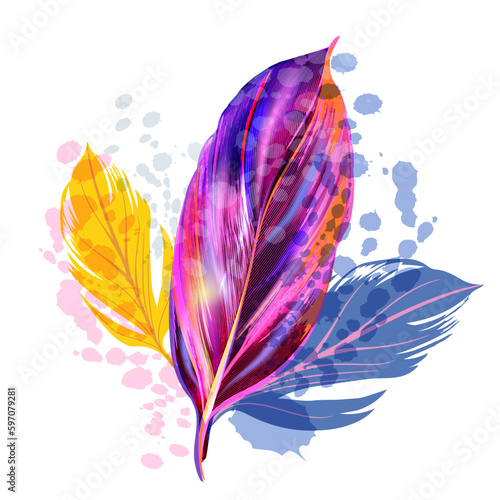 Beautiful illustration with vector tropical pink purple palm leaf in watercolor style