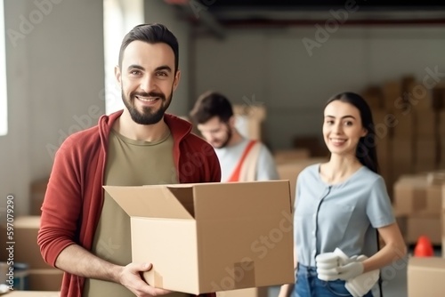 Charity, donation and volunteering concept. Happy smiling volunteers with boxes Preparing Free Food Delivery. Generative AI