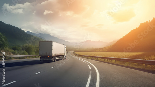 Truck with container on highway, cargo transportation, generative ai