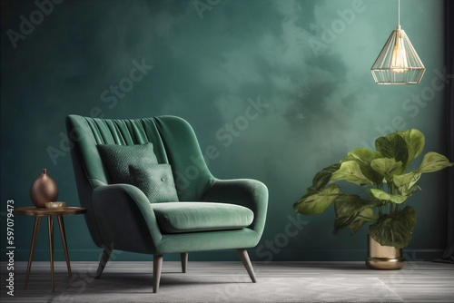 Bright and cozy modern living room interior with green armchair. AI generated.