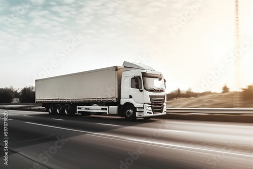 Truck with container on highway, cargo transportation, generative ai