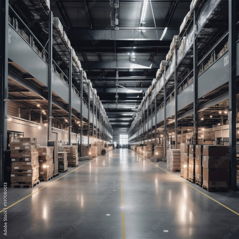 Well-lit logistics hub with high ceilings. AI generated. Well-lit logistics hub with high ceilings. AI generated.