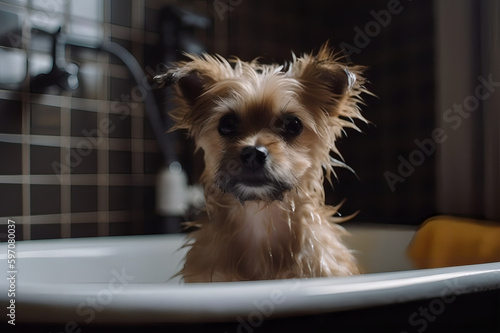 Cute puppy dog in bathtub, pets cleaning. Generative AI