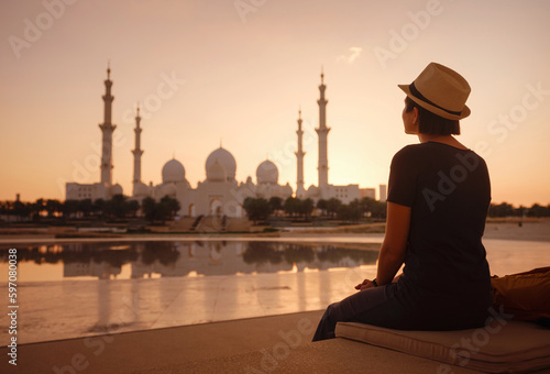 travel to the United Arab Emirates, Happy young asian female traveler with backpack and hat in Wahat Al Karama or Oasis of Dignity, permanent memorial for its martyrs, and Shaikh Zayed Grand Mosque.