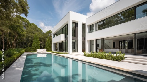 Lavish Florida Mansion, Modern Minimalist Design, Breathtaking Pool and Garden View, Elegant Luxury Living, Architectural Marvel, Generative AI Illustration