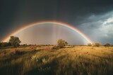 A colorful rainbow arcs over cloudy skies after a storm. Generative AI