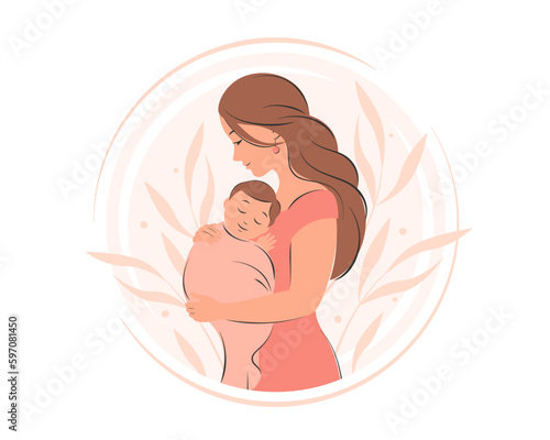 Woman holding baby in her arms. Pregnancy and breastfeeding concept. Vector illustration.