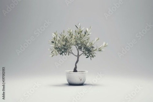 potted olive tree in a minimalist white bowl. Generative AI