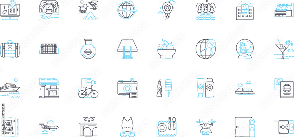 Leisure journey linear icons set. Vacation, Adventure, Relaxation, Exploration, Escape, Getaway, Excursion line vector and concept signs. Cruise,Safari,Tour outline illustrations Generative AI Leisure journey linear icons set. Vacation, Adventure, Relaxation, Exploration, Escape, Getaway, Excursion line vector and concept signs. Cruise,Safari,Tour outline illustrations Generative AI
