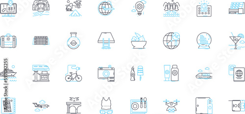 Leisure journey linear icons set. Vacation, Adventure, Relaxation, Exploration, Escape, Getaway, Excursion line vector and concept signs. Cruise,Safari,Tour outline illustrations Generative AI