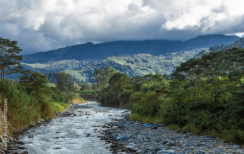 landscape shot of the river Rio Grand de Orosi near Cachi in Costa Rica photo