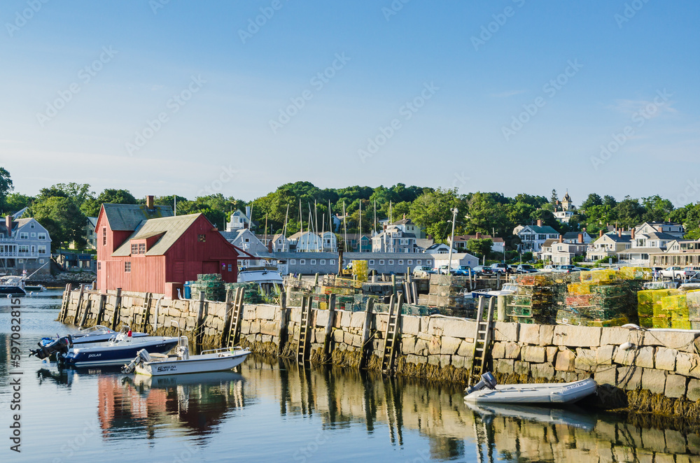 Famous red fishing shack Motif Number 1 in the harbor of Rockport, a small fishing village in Massachusetts, Essex County, New England, USA