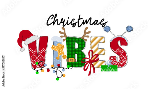 Christmas vibes. Hand drawn doodle text with Santa hat, antler, garlands and tied bow. Christmas design for poster, banner, t shirt, card, flyer. Vector illustration
