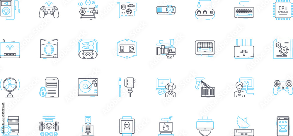 Technology tools linear icons set. Gadgets, Robotics, Nanotechnology, Virtualization, Artificial Intelligence, Automation, Augmented Reality line vector and concept signs. Internet of Generative AI