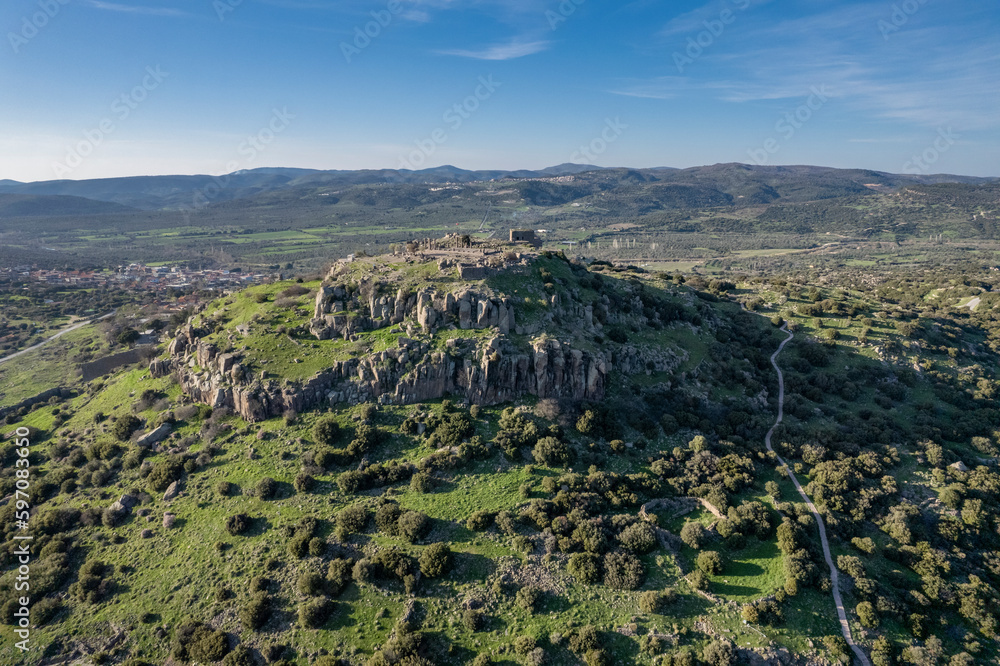 The Temple of Athena ruin in Assos Ancient City. Panoramic view Drone shots. Canakkale, Turkey.