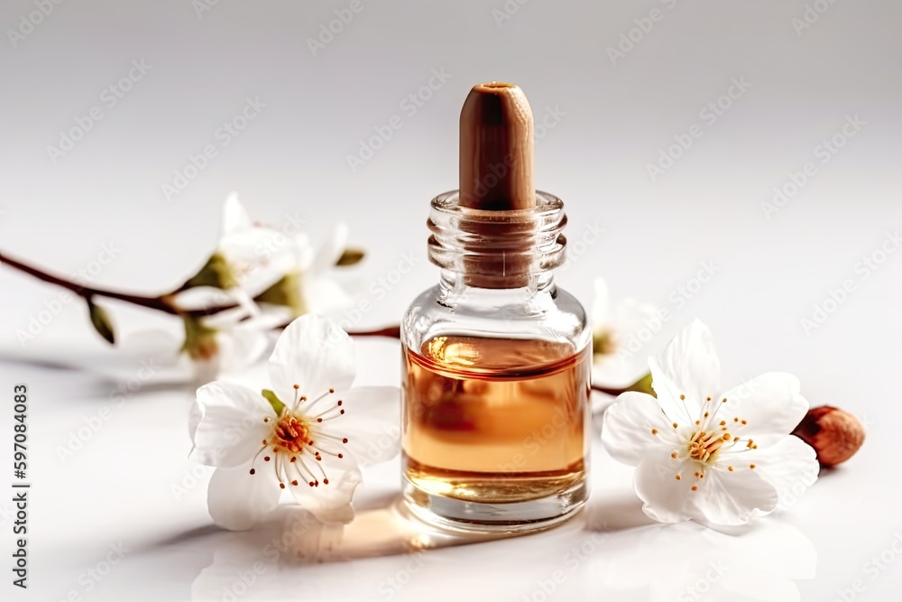 Glasflasche für Kosmetik und Spa gefüllt mit natürlichem Mandelöl neben Mandelblüten und Mandeln auf weißem Untergrund, Naturkosmetik, Generative AI Glasflasche für Kosmetik und Spa gefüllt mit natürlichem Mandelöl neben Mandelblüten und Mandeln auf weißem Untergrund, Naturkosmetik, Generative AI