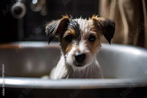 Cute puppy dog in bathtub, pets cleaning. Generative AI