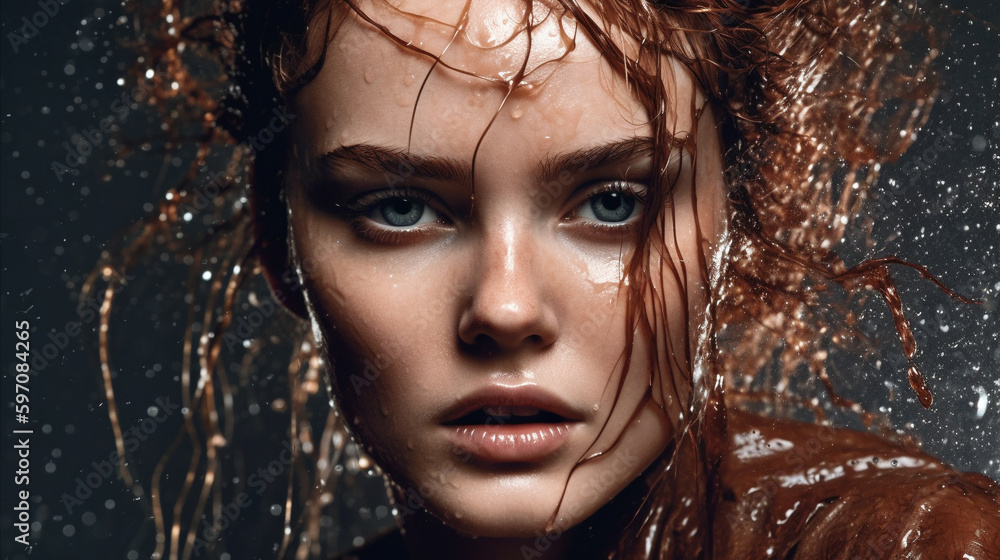 Portrait of beautiful young woman with water soaked hair. Generative AI image Portrait of beautiful young woman with water soaked hair. Generative AI image
