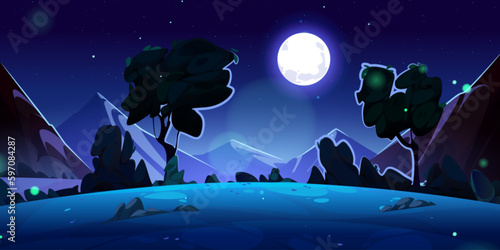 Night mountain valley landscape illustration cartoon vector illustration. Beautiful and wild dark nature scenery environment for expedition trip in Canada. Flying firefly under full moon light in sky